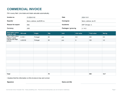 Preview of the first page of Commercial invoice (XLSX, PDF)