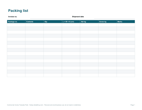 Preview of the first page of Packing list (XLSX, PDF)