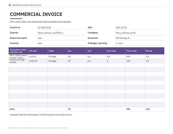 Preview of Printable Commercial Invoice Template