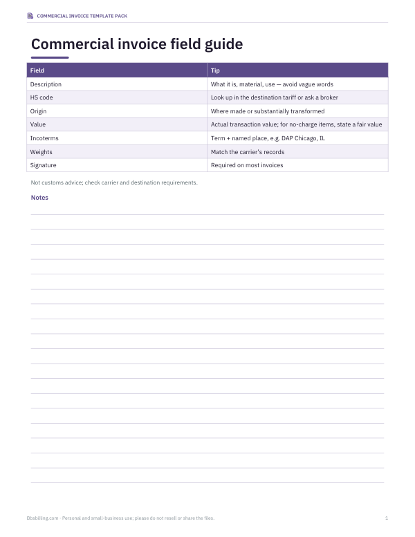 Preview of Printable Commercial Invoice Field Guide