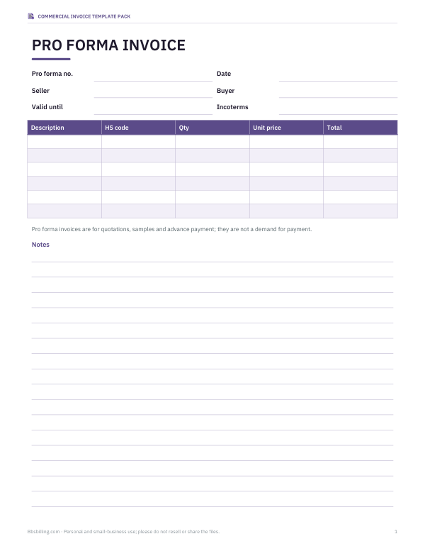 Preview of Pro Forma Invoice Template
